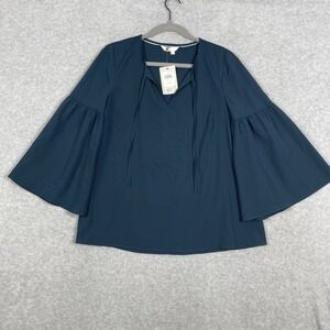 Boden Bell Sleeve Peasant Top Womens 6 Navy Seaweed Boho Minimalist Chic